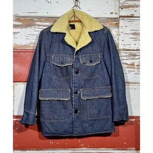 Vintage Sears Roebuck Denim Jacket Sherpa Lined Barn Coat Western Style Mens 36R